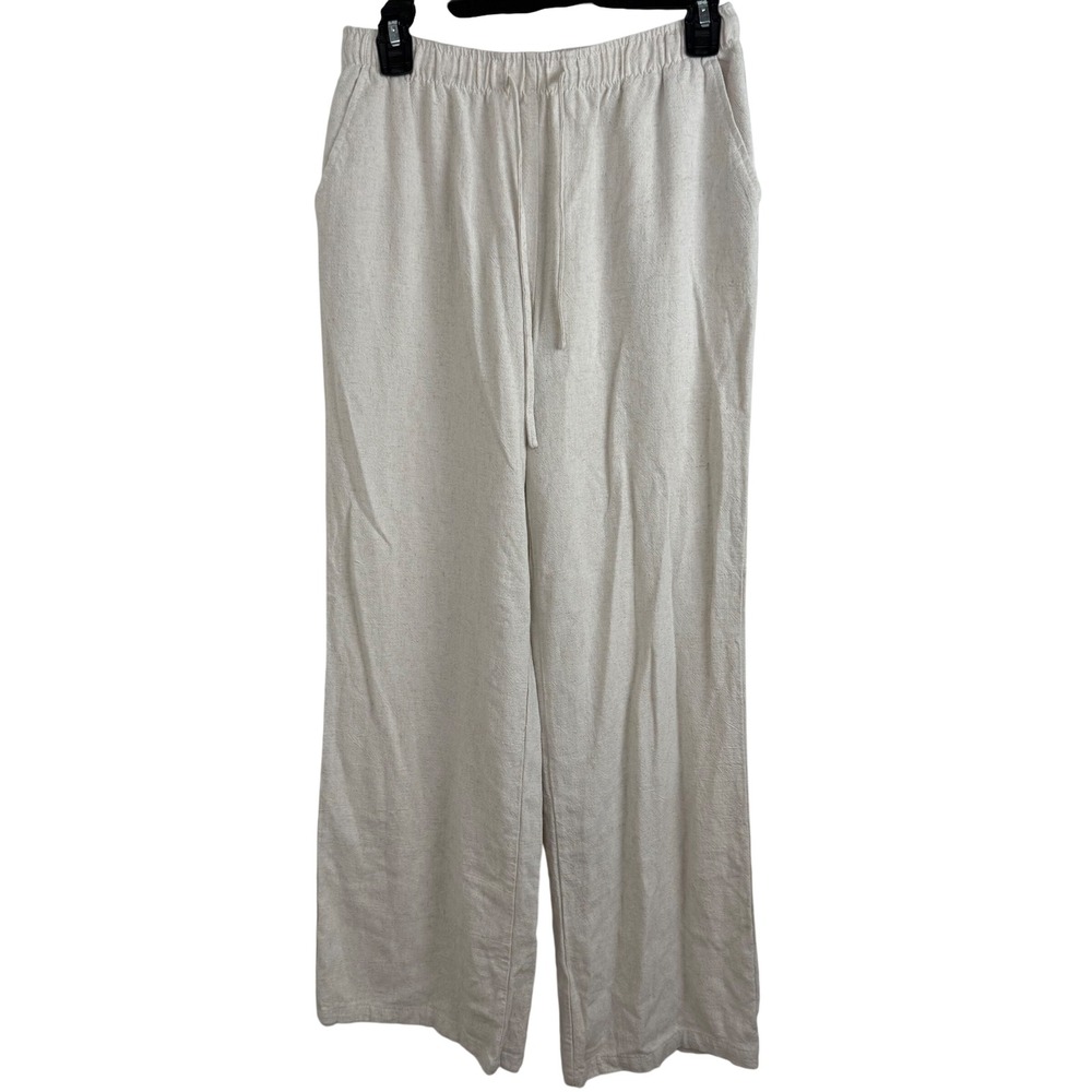 Blenca Linen Blend Wide Leg Pants Size M Oatmeal Coastal Minimalist Drawstring